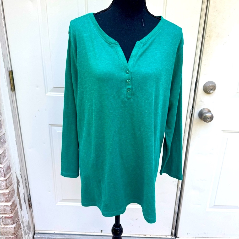 Kim Rogers, Perfectly Soft, Teal Green, Long Sleeve, Top, Size XL